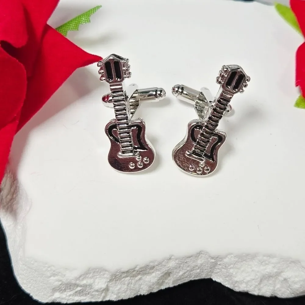 Guitar Cufflinks Silver Musician Tuxedo Prom Wedding Masculine Gift Professional